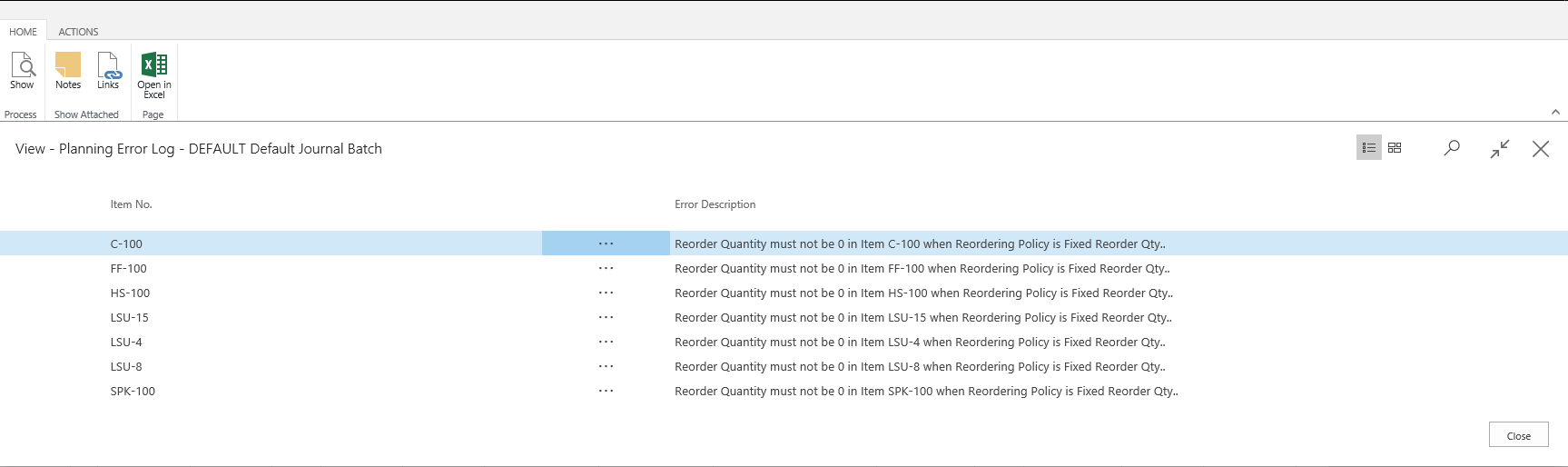 Error messages in the planning worksheet